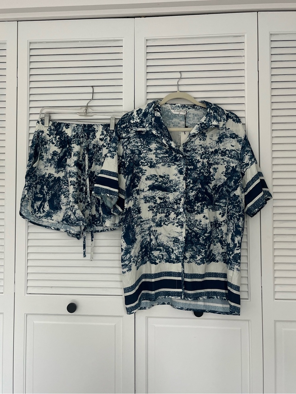 Commense Blue & White Toile Printed Button-Up & Shorts Set